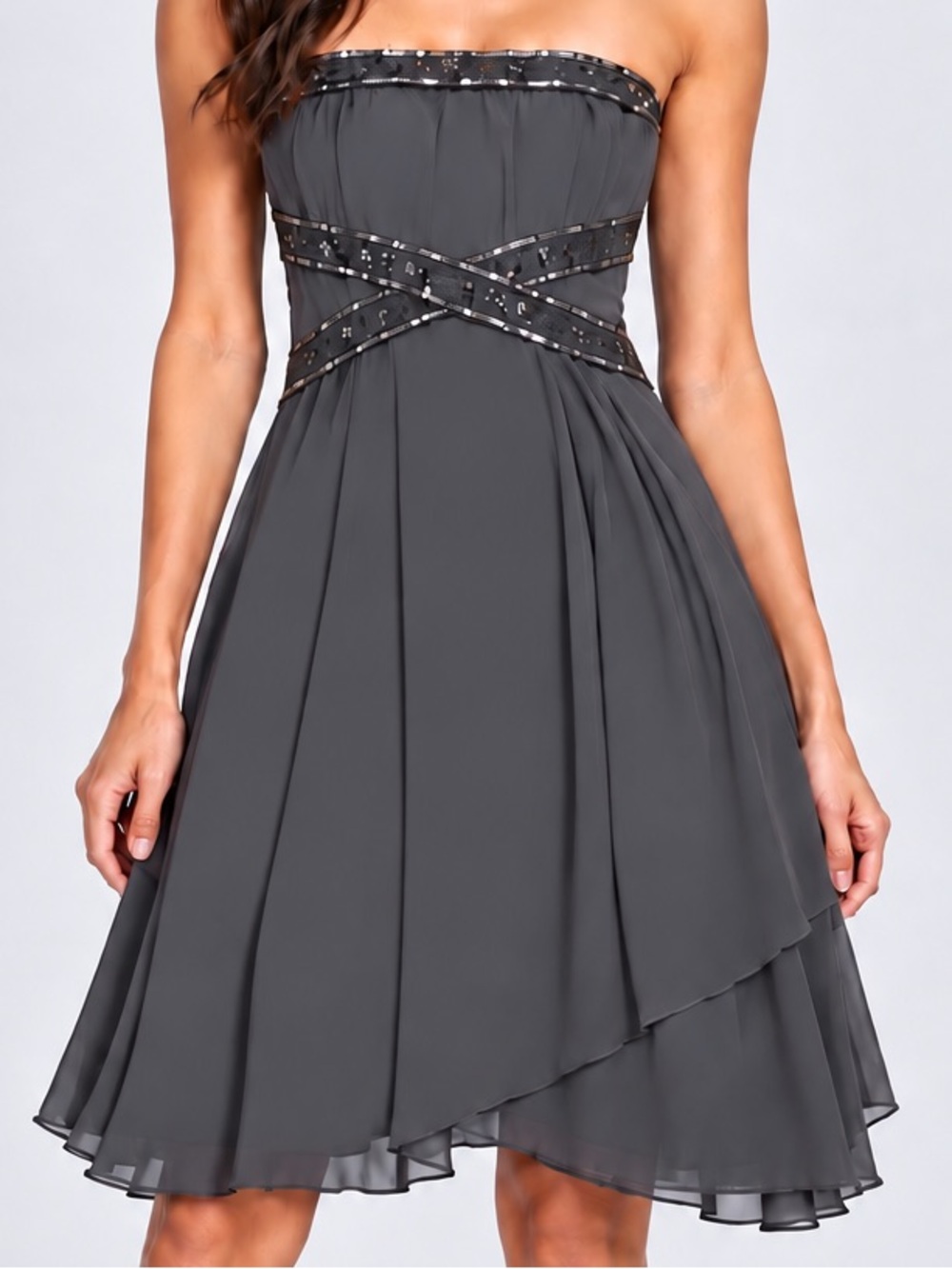 Trixxi Gray Silver Strapless Sleeveless Tube Sequin Sparkle A-Line Flowy Dress M